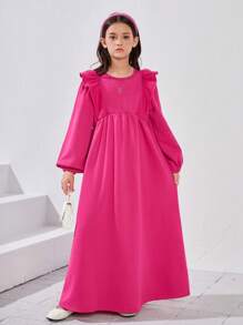 SHEIN Tween Girls' Vintage Loose Fit Cap Sleeve Round Neck Long Sweatshirt Dress - Hot Pink - View 1