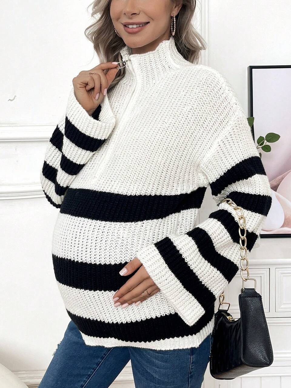 Pregnant Women's Color-Block Half Zip Sweater For Maternity, For Winter