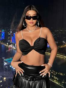 Flirla Plus Size Pearl Chain Twisted Strap Cami Top - Black - View 4