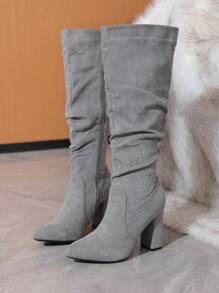 Timesize Women's Over-the-knee Chunky Heel Boots With Random Wrinkled Texture, Gray - Grey - View 3