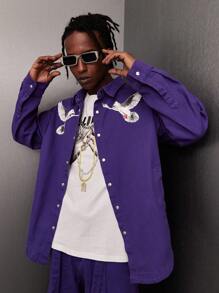 Manfinity Roghcode Men's Loose-Fit Denim Shirt With Pigeon And Letter Print - Purple - View 1