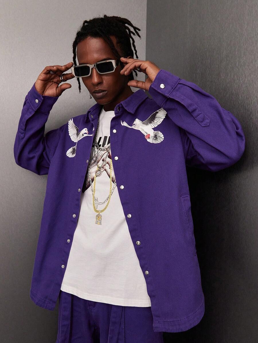 Manfinity Roghcode Men's Loose-Fit Denim Shirt With Pigeon And Letter Print - Purple - View 1