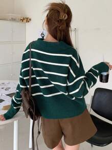 DAZY 女用條紋領套頭毛衣 - 墨綠色 - 查看 3