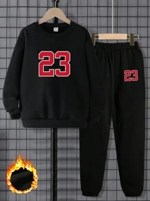 SHEIN Tween Boy 2pcs/Set College Style Digital Print Fleece Crewneck Sweatshirt And Sweatpants Outfits - Black - View 1