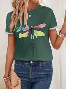 SHEIN LUNE 蜻蜓&字母圖案T恤 - 橄欖綠 - 查看 6