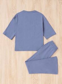 SHEIN 女童寬鬆下擺圓領t恤和字母印花喇叭褲套裝,2入組 - 藍色 - 查看 2