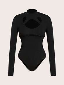 SHEIN ICON Cut Out Mock Neck Bodysuit - Black - View 2