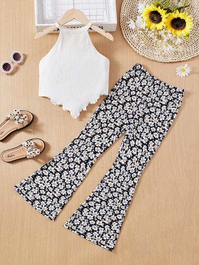 SHEIN Leap Crew 少女休闲针织露背上衣和喇叭裤日常穿着