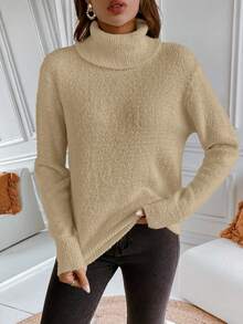 SHEIN Essnce 女款純色高領毛絨針織毛衣 - 卡其色 - 查看 4