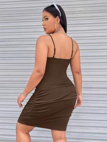 SHEIN EZwear Kích thước lớn Của phụ nữ Xếp li Váy Cami Bodycon - màu nâu - Xem 2