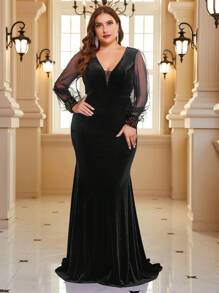 SHEIN Belle Của phụ nữ Kích thước lớn Lưới Cao eo Nàng tiên cá Hem Đầm - màu đen - Xem 1