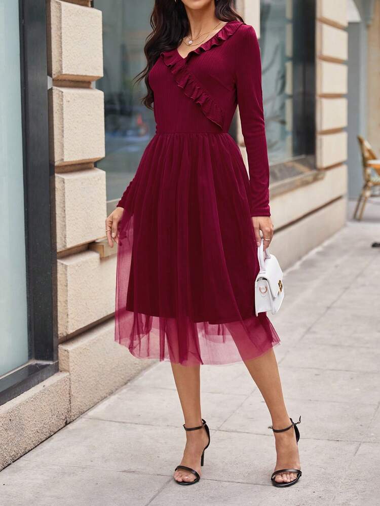 Frill Trim Decor Mesh Dress