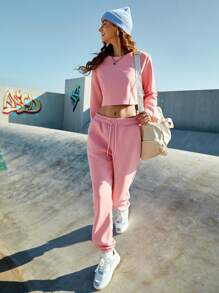 SHEIN Sports Quý cô Nguyên chất Màu sắc Hoodie Và Quần thể thao Set bộ đồ thể thao - Hồng - Xem 9