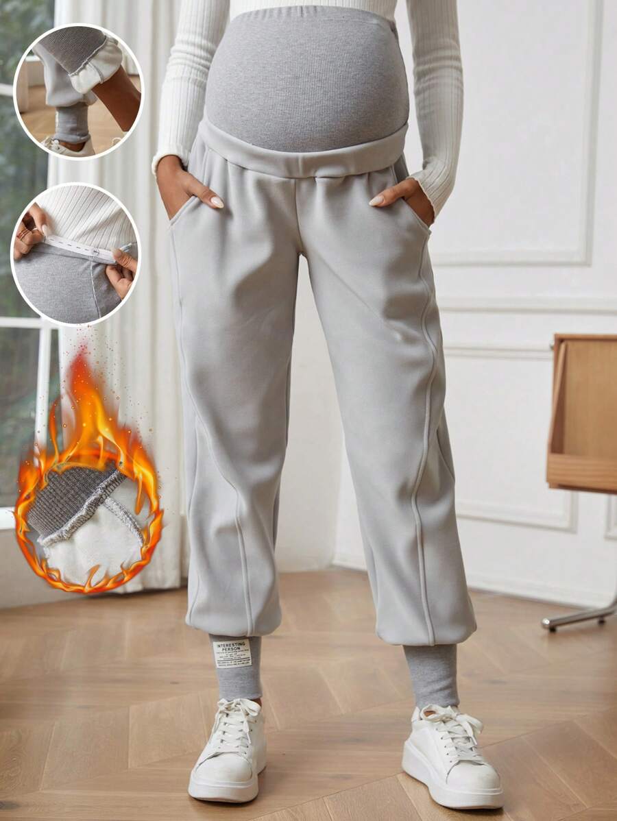 SHEIN Maternity Wideband Waist Slant Pocket Pants - Apricot - View 1