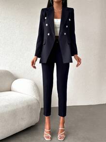 EURMUSE Ladies' Double Breasted Suit Jacket And Pants Set - Black - View 3