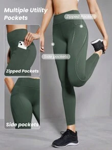 GLOWMODE 26英吋powersculpt高腰緊身褲,無限調節腰部,帶拉鍊口袋,快速乾燥 - 獵人綠 - 查看 4