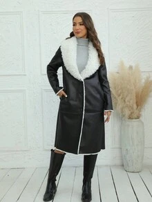 RELISH NOLESS Women's Long Sleeve Single-Breasted Lapel Fleece Zip-Up Mid-Length Coat - Black - View 5
