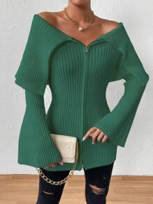 Chiquease Solid Color Off Shoulder Flare Sleeve Zipper Front Cardigan Fall Cloth For Women - Green - View 5