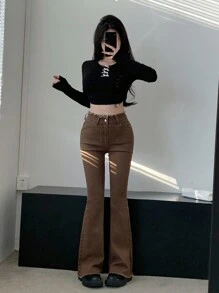 DAZY 女性原邊牛仔喇叭褲 - 棕色 - 查看 9