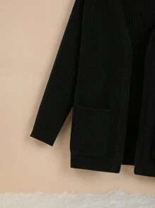 SHEIN Tween男孩滑肩針織開襟衫,帶有滑肩和貼片口袋 - 黑色 - 查看 4