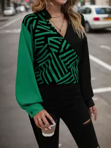 SHEIN Clasi Plus Size Women's Notched V-neck Striped Shirt - Green - View 4