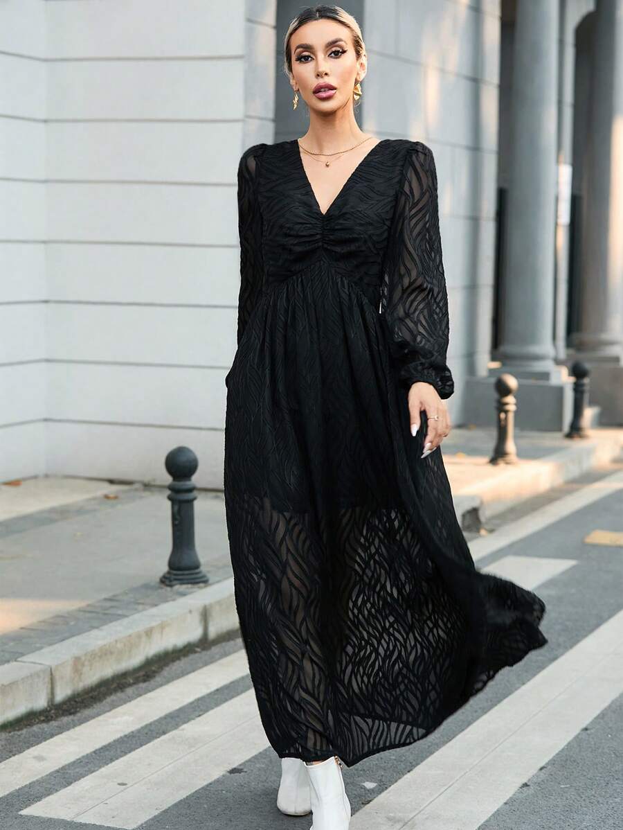 SHEIN Privé Women's V-neck Lantern Sleeve Open Back Dress - Brown - View 1