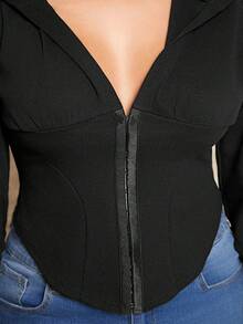 SHEIN SXY Trường học Đội Áo khoác Phong cách Áo nỉ có mũ Với Đã thu thập Hem - màu đen - Xem 5