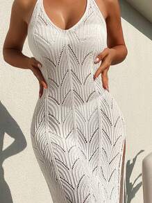 Swim Vcay Summer Beach Women's Halter Hollow Out Split Knit Dress - White - View 3