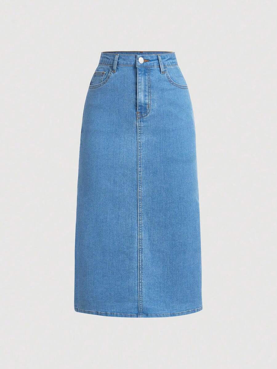 SHEIN Girlism Teen Girls' Slant Pocket Straight Denim Skirt