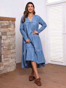 SHEIN LUNE Women's Frayed Denim Dress - Blue - View 3