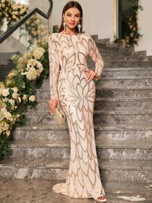 Vestido de fiesta elegante Unithorse con contraste de lentejuelas y bajo a la cola de sirena, manga larga, para ceremonias formales, bodas, fiestas, graduaciones y cumpleaños