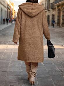 Calvaya Plus Double Button Hooded Teddy Coat - Camel - View 2