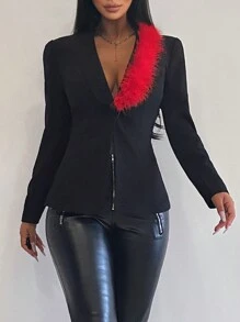 SHEIN Unity Colorblock Plush Decoration Shawl Collar Blazer Jacket Fall Cloth For Women - Black - View 3