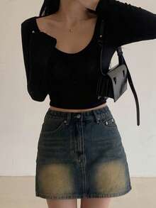 DAZY 女性純色圓領長袖t恤 - 黑色 - 查看 7