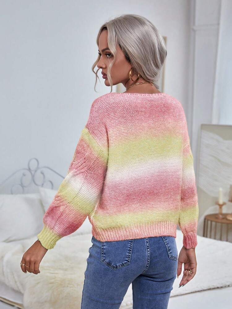 Women's Round Neck Loose Gradient Drop Shoulder Sweater For Casual Wear Knit Pullover Fall Winter Sweater