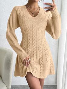 SHEIN Privé V領提花針織毛衣連身裙 - 杏色 - 查看 4