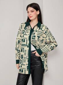 Seusyu Loose-fit Casual Long Sleeve Shirt With Printed Patchwork And Stitching Detail - Green - View 4