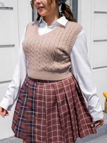 SHEIN EZwear Talla grande Chaleco de punto tejido de cable - Marrón - Ver 5