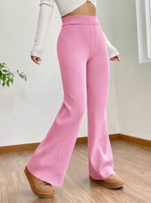 SHEIN EZwear Ladies' Solid Color Flare Leg Sweater Pants - Pink - View 1