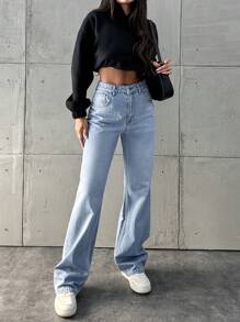 EURMUSE Gewaschene High-rise Straight-leg Jeans - Helle Waschung - Übersicht 1