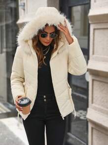 SHEIN Clasi Fuzzy Trim Zip Up Hooded Padded Padded Coat, Ladies Winter Clothes Casual Pocket, Zipper Regular Sleeve Hooded Regular Fit Apricot Plain Women Padded Puffer Coats, Winter Clothes Warmth/ Winter Clothes Fashion - Apricot - View 5