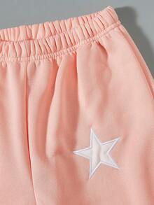 SHEIN Tween 女童休闲街头风格星星刺绣慢跑裤 - 粉色 - 查看 4