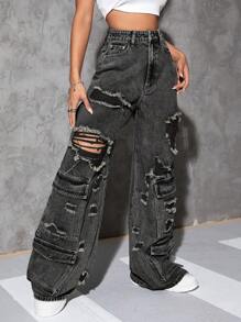 Jeanoix 女士復古寬腿牛仔貨褲 - 灰色 - 查看 1