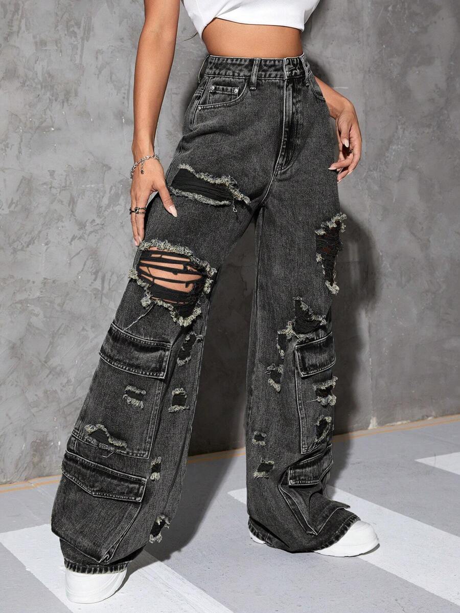 Jeanoix 女士復古寬腿牛仔貨褲 - 灰色 - 查看 1