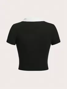 SHEIN EZwear Color Block Knitted Tight-fitting T-shirt With Contrast Collar - Black and White - View 2