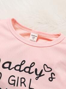 SHEIN Bộ 2 áo thun in chữ nhún bèo và quần sọc thắt nơ cho bé gái, mùa xuân và mùa thu - Hồng - Xem 3