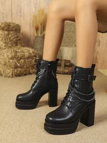 Botas cortas de mujeres de tacón alto con diseño de cadena impermeable plataforma moda - Negro - Ver 2