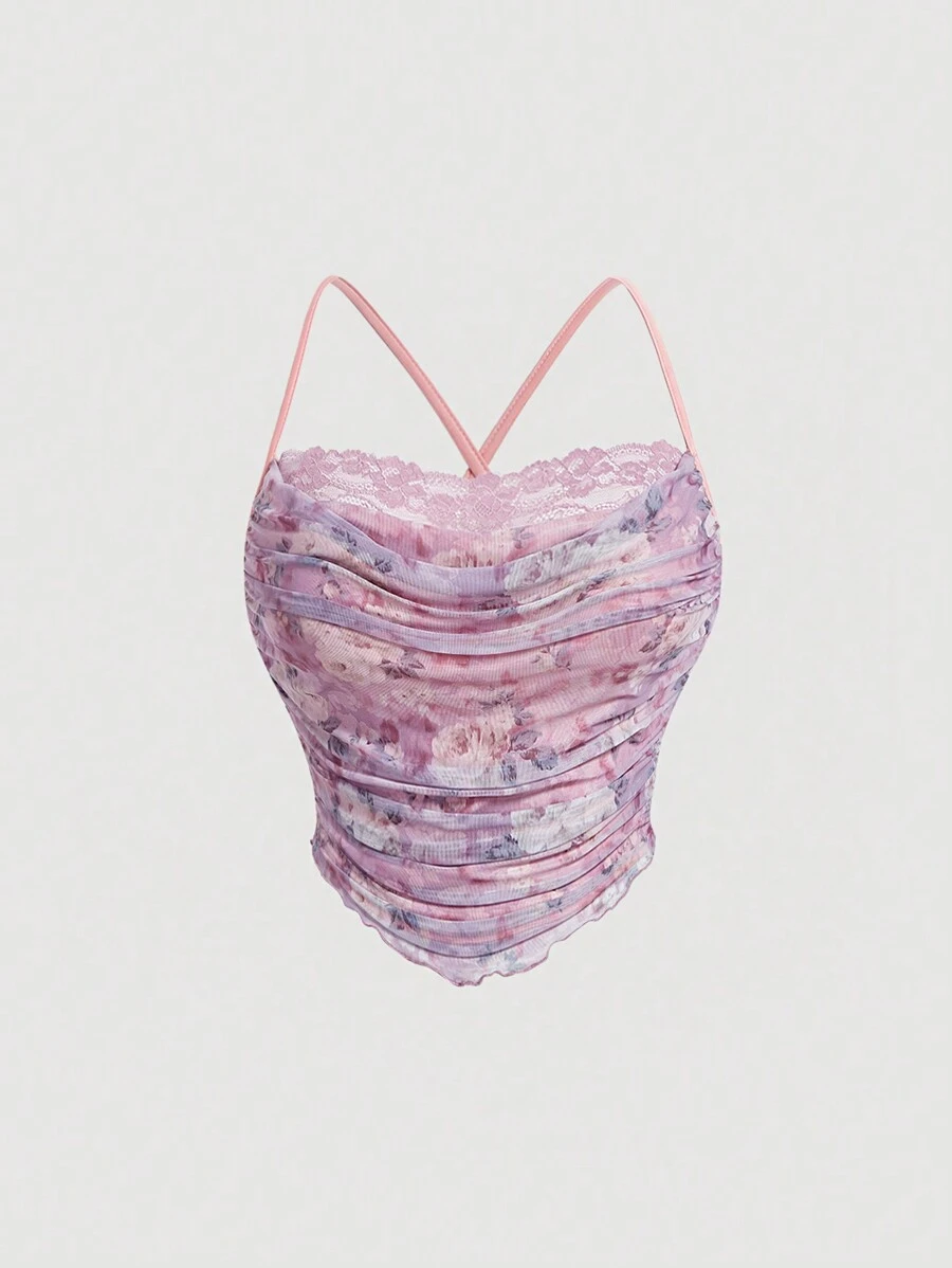 SHEIN MOD Plus Size Floral Patchwork Lace Cami Top