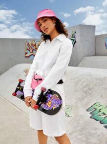 Streetz SHEIN Sport Women's Polo Neck Long Sleeve Sweatshirt And Shorts Sports Set - White - View 8