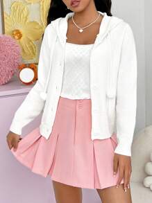 SHEIN EZwear 女士鈕扣前連帽開衫 - 米色 - 查看 5